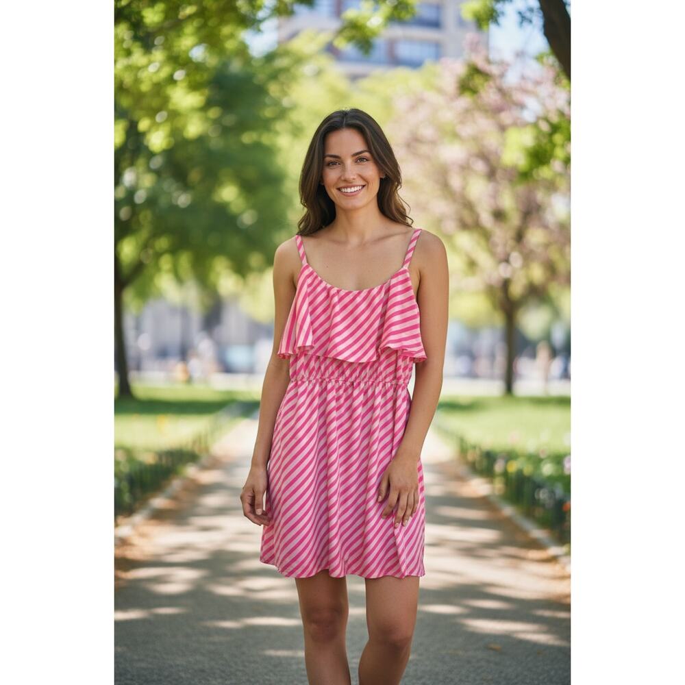 American Rag Laguna dress 1X coral striped ruffle shift spaghetti strap NEW